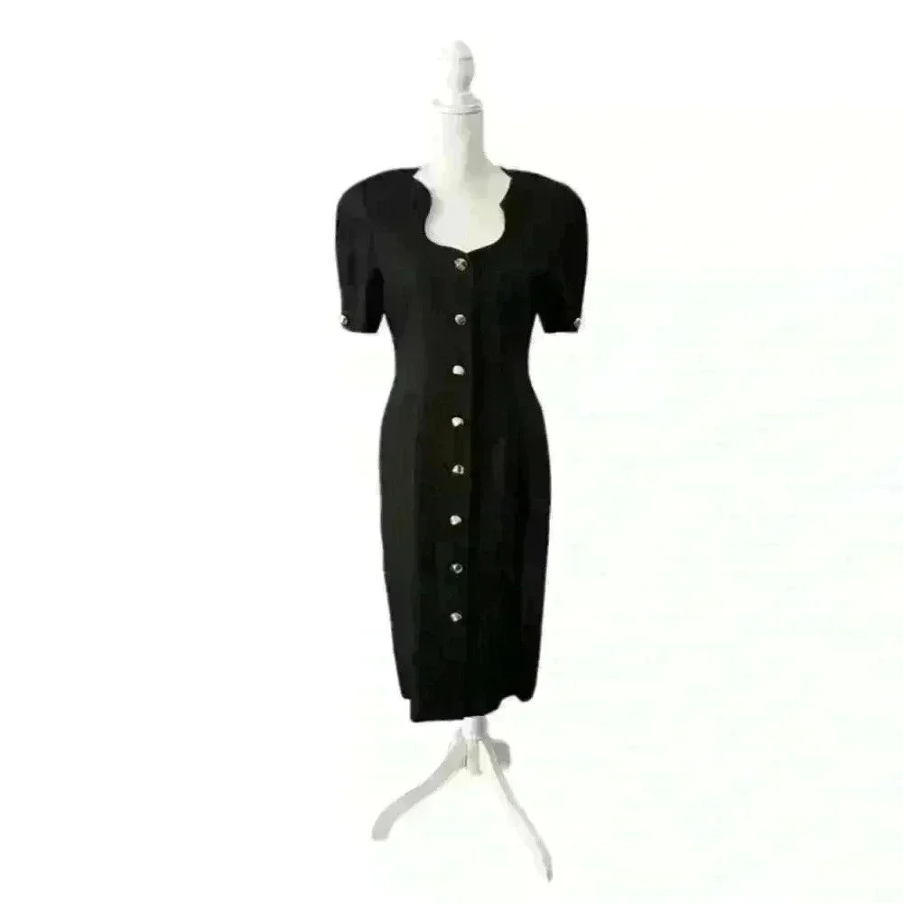 Black Midi Dress with Hold Buttons Vintage Adele Simpson‎ Size 10